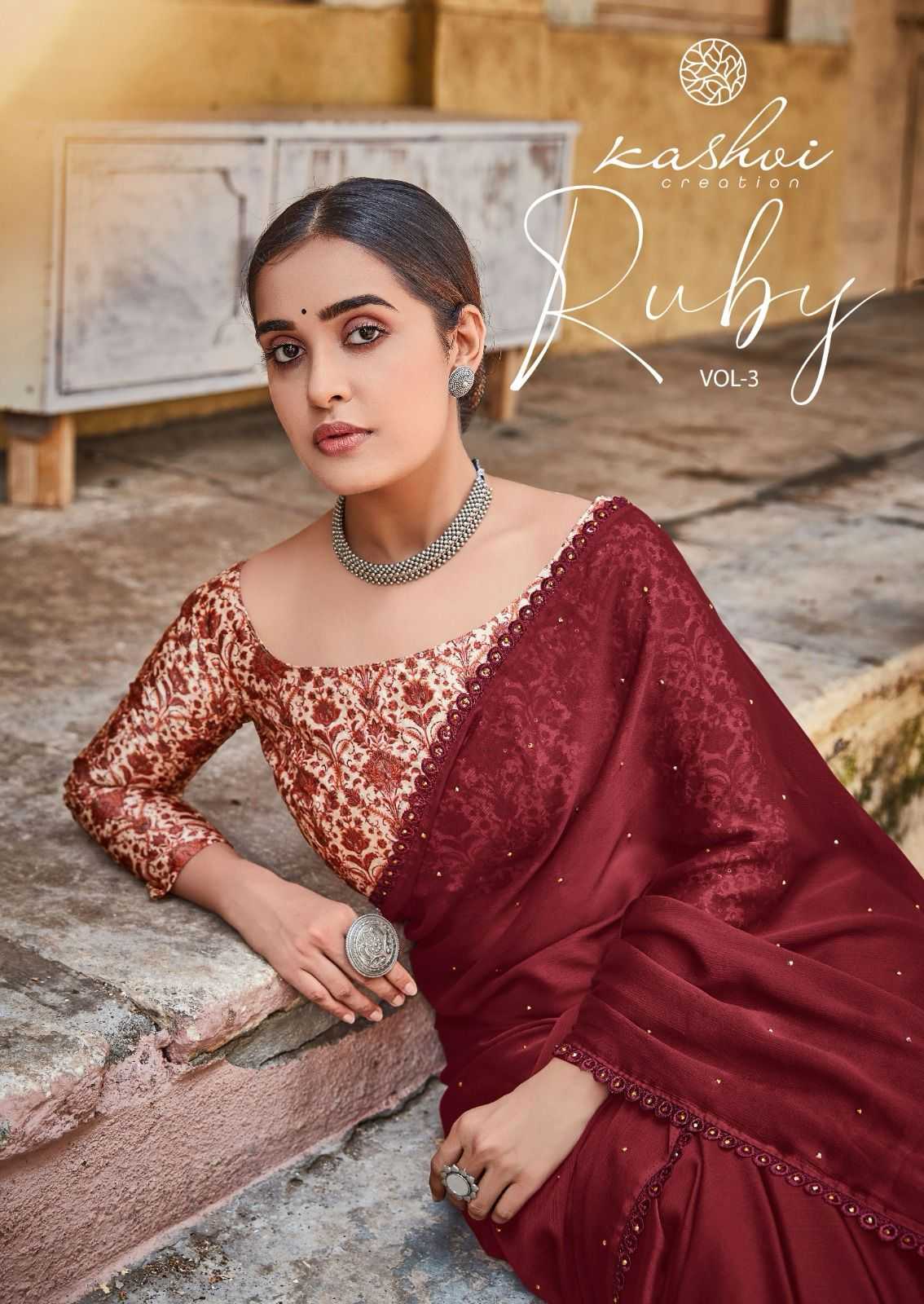 kashvi creation ruby vol 3 new moss fancy sarees with embroidery blouse supplier