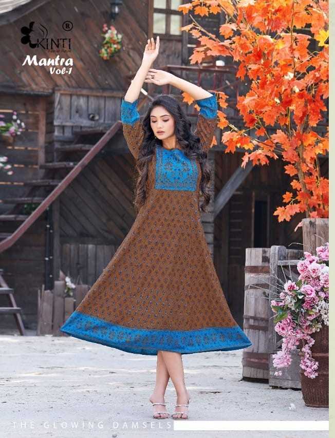 kinti mantra stitch rayon flair kurti catalog