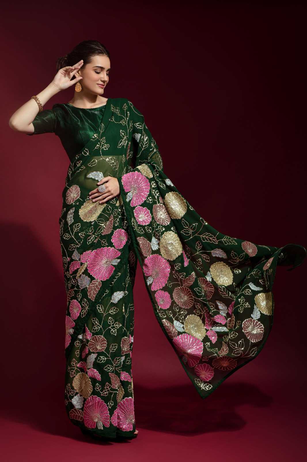fashion berry gulabo party wear flower design fancy saree