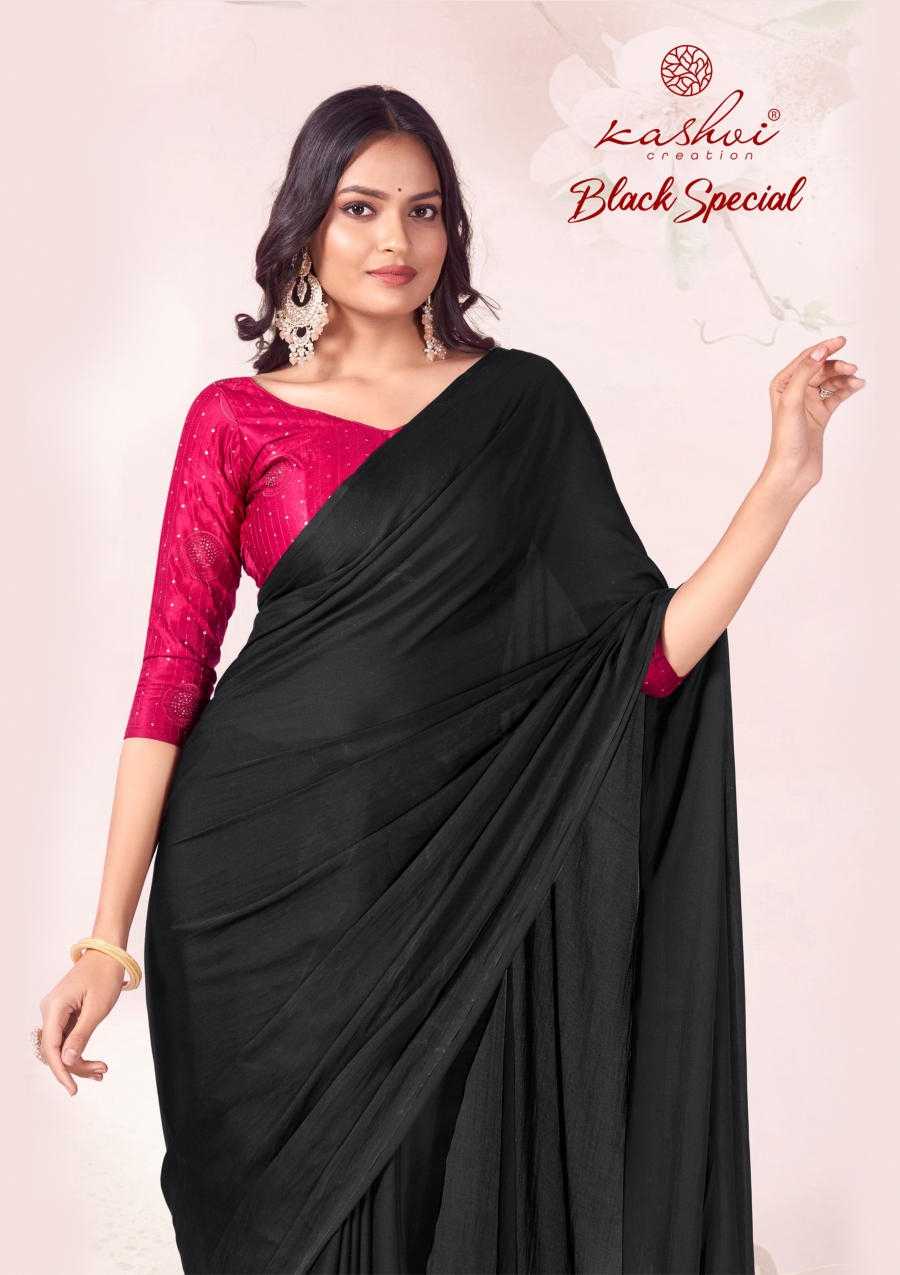 kashvi creation black special fancy dull moss saree with embroidery blouse collection