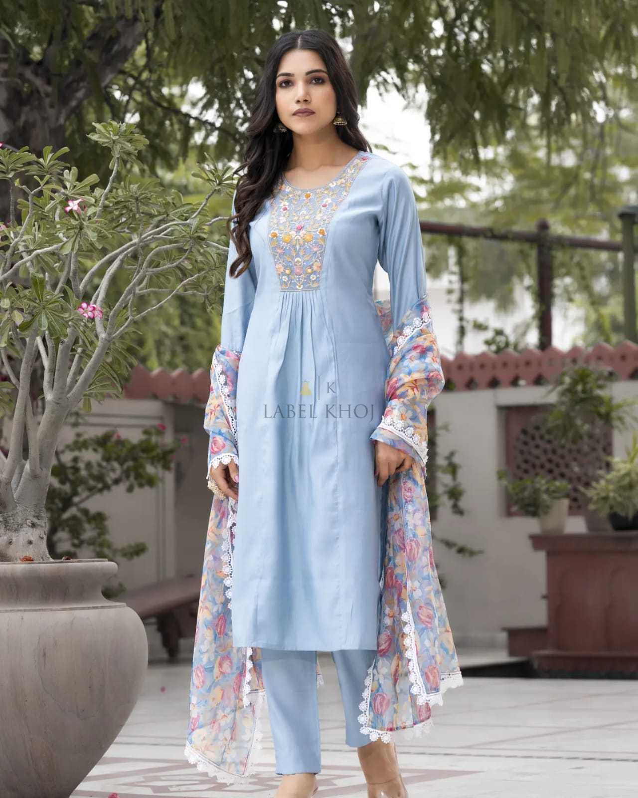 label khoj 9612 amazing fancy silk kurti pant and organza print dupatta combo set