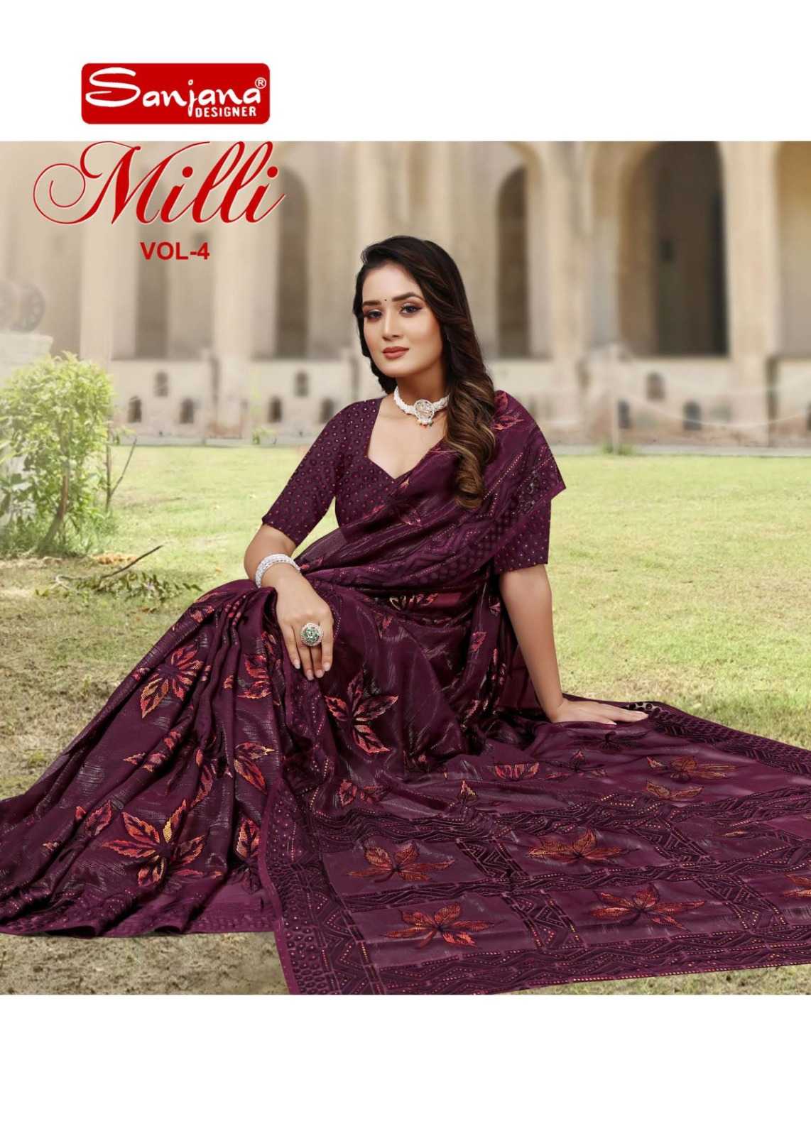 milli vol 4 by sanjana designer fancy simar original brasso foli print sarees