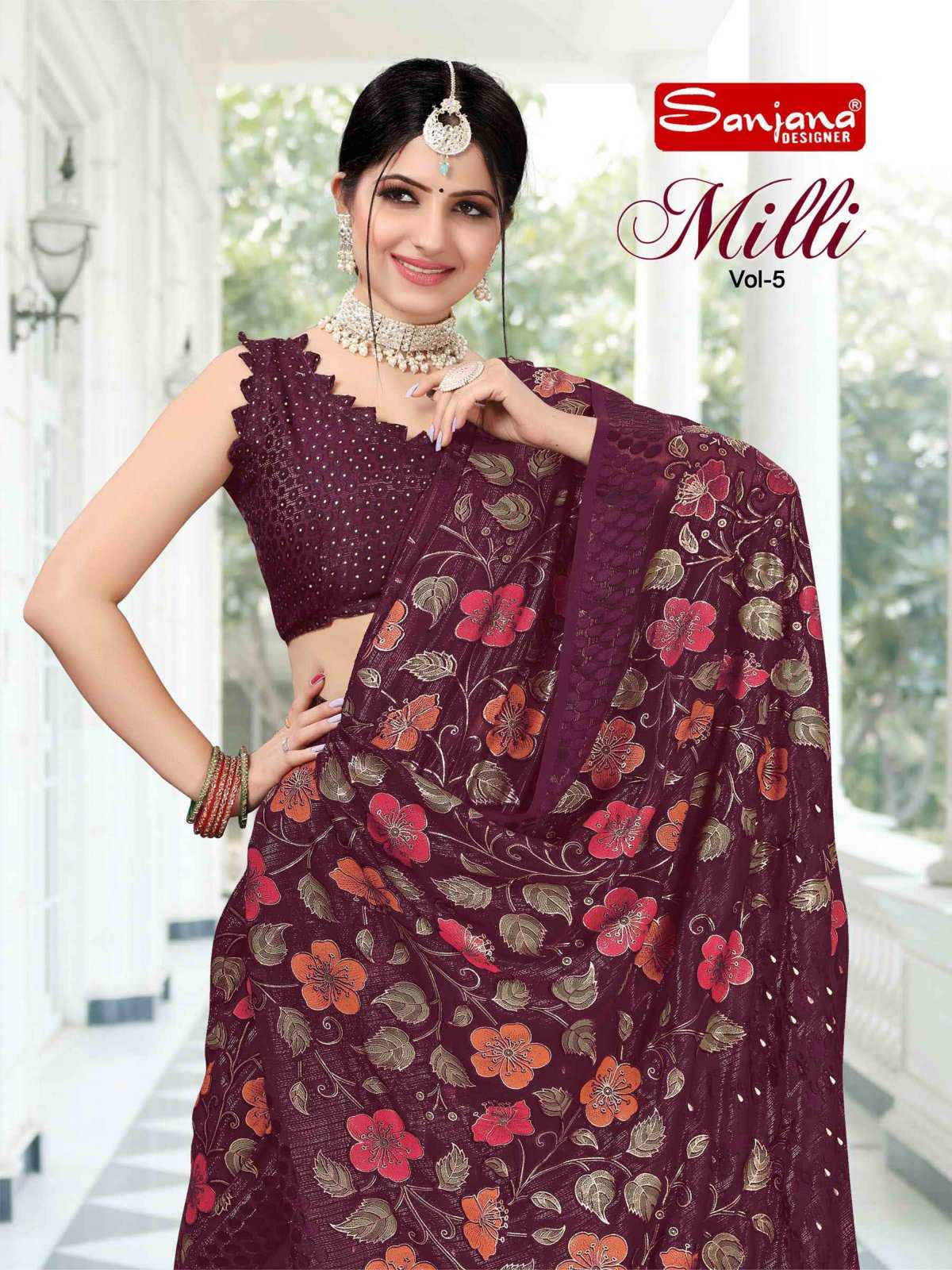 milli vol 5 by sanjana designer simmer original brasso foil print regular sarees 