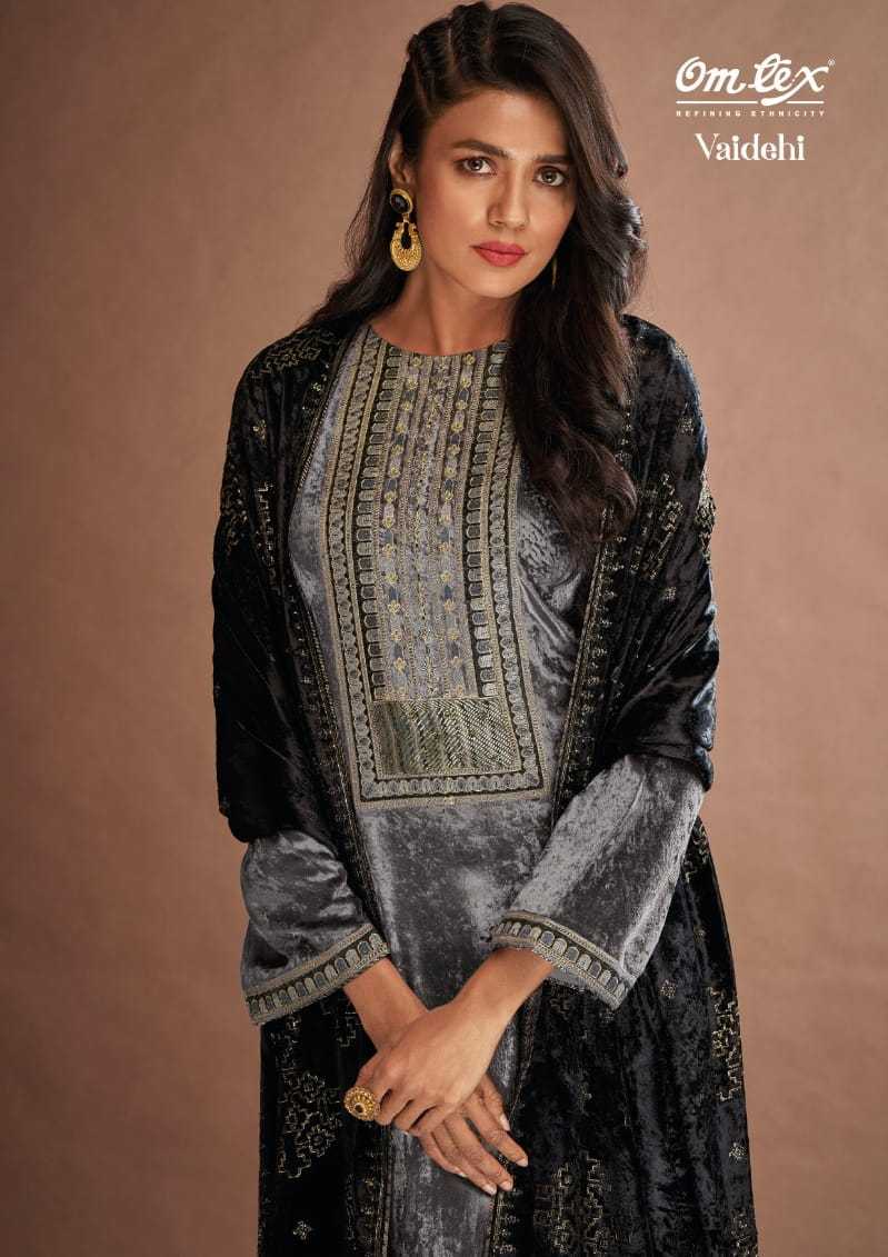 omtex vaidehi designer velvet winter wear embroidery with handwork dress material trader