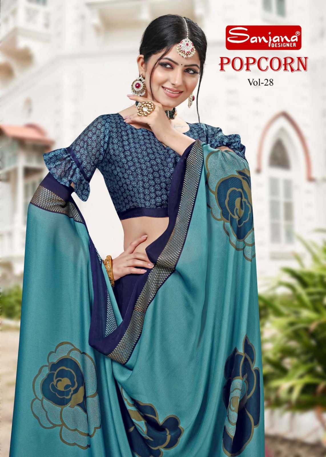 popcorn vol 28 by sanjana designer moss chiffon zari print sarees