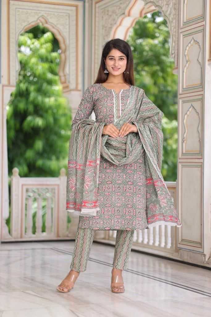 pr cotton block print 3 pcs part 2 fullstitch cotton comfy wear kurti pant dupatta combo set
