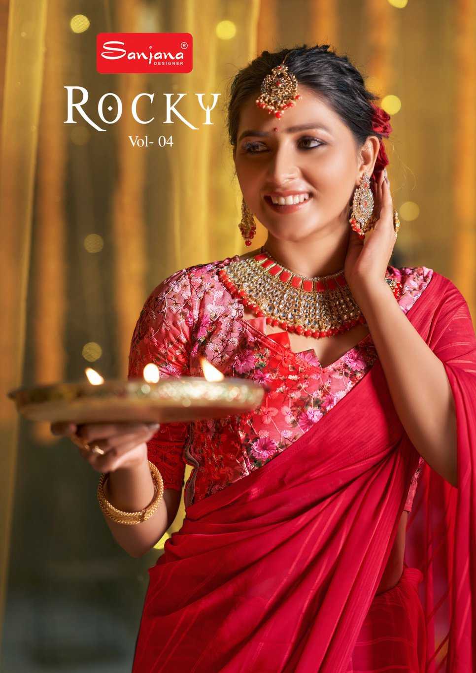 rocky vol 4 by sanjana designer weightless weaving fancy saree with schiffli digital blouse wholesaler