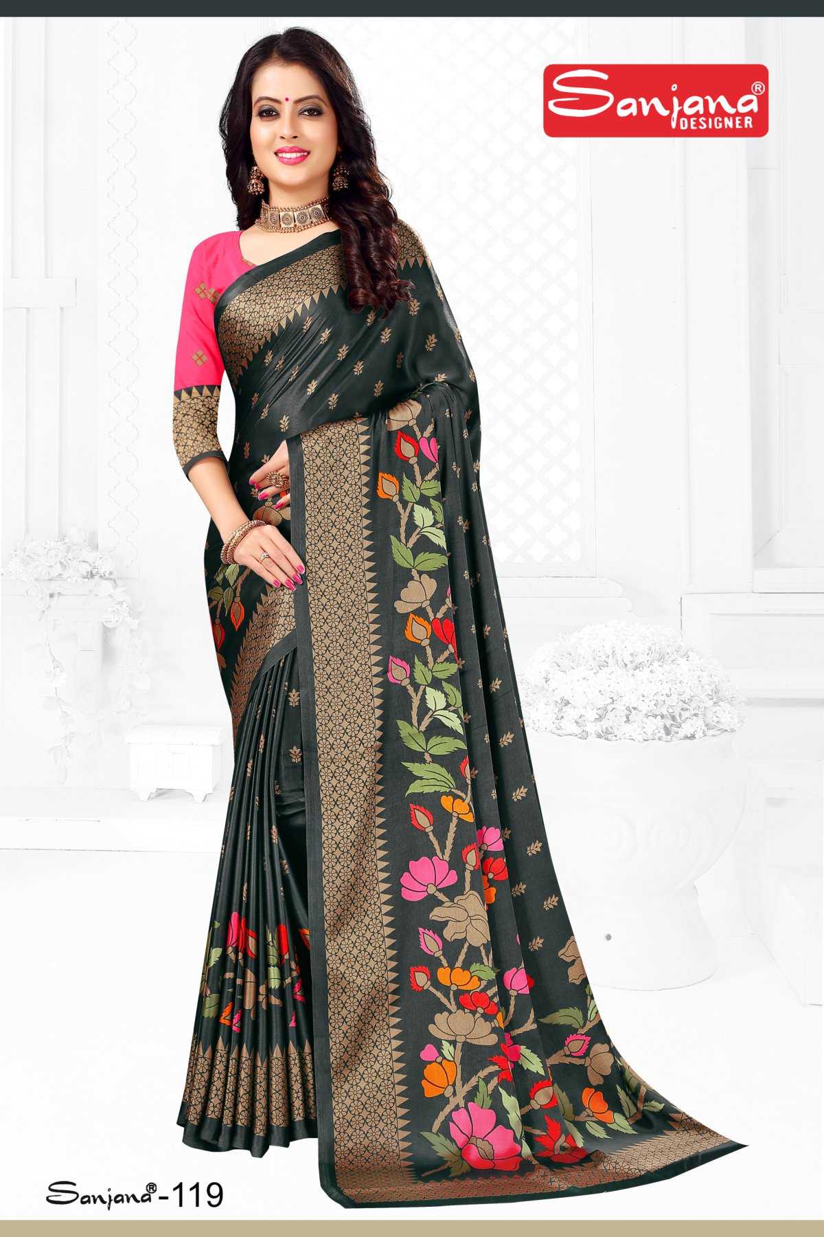 sanjana designer bidhya sinha fancy satin foil print sarees collection