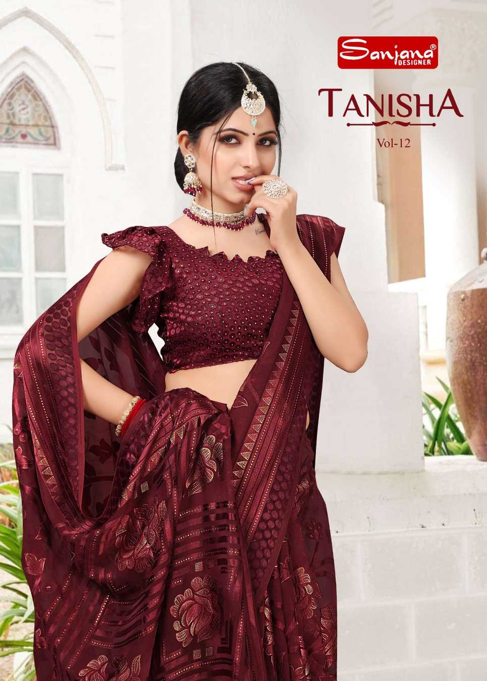 sanjana designer tanisha vol 12 fancy brasso foil print sarees supplier