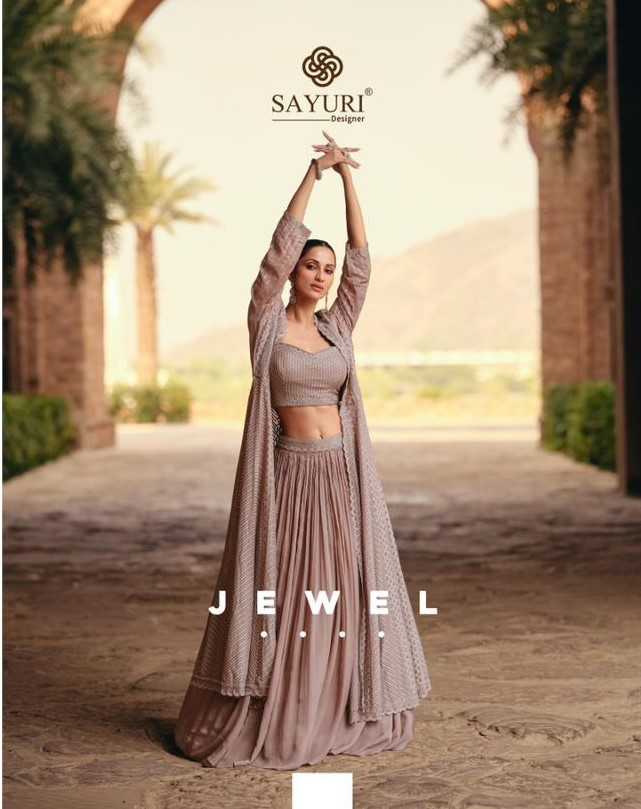 sayuri designer jewel exclusive western wear readymade crop top lehenga with long shrug