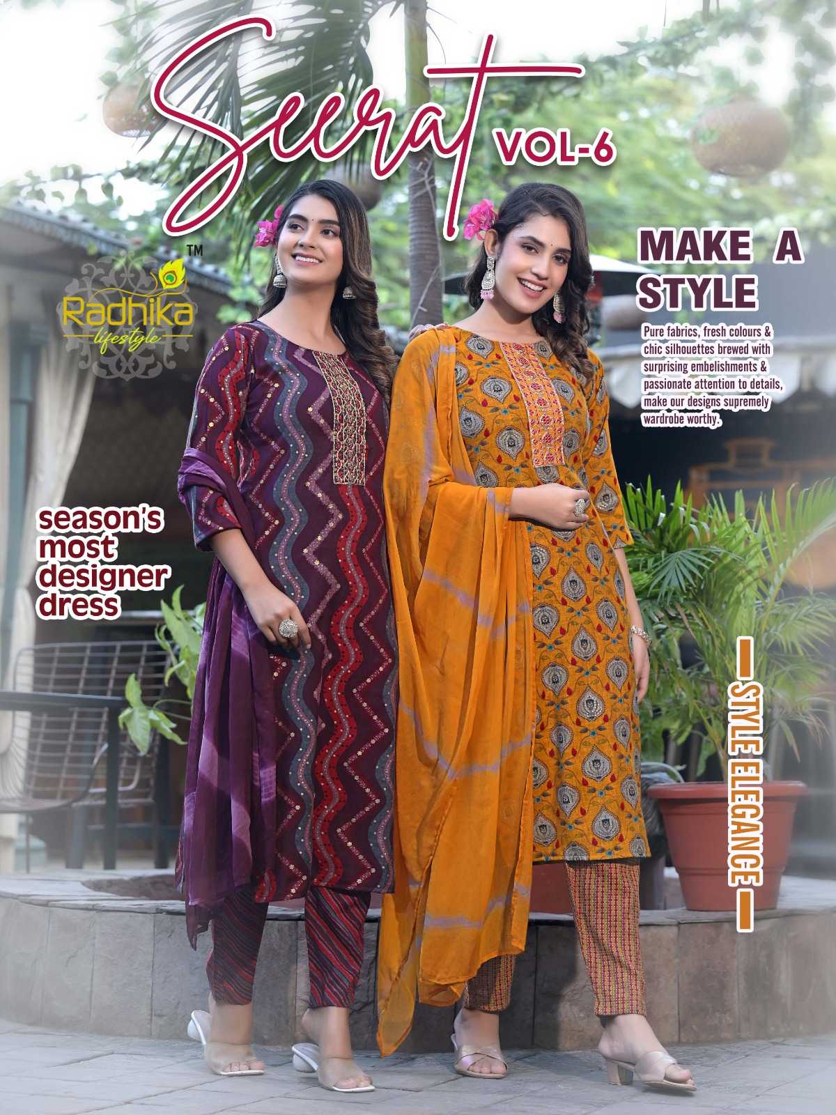 seerat vol 6 by radhika lifestyle fancy straight kurti with pant and nazneen dupatta