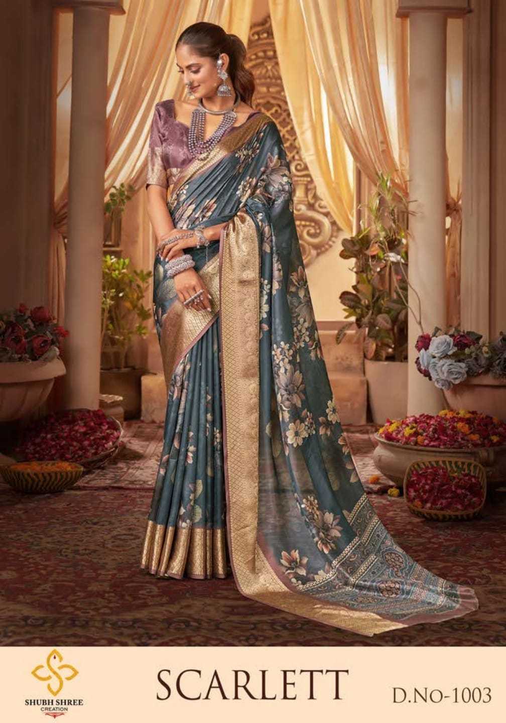 shubh shree creation scarlett amazing velvet tusser silk fancy saree collection