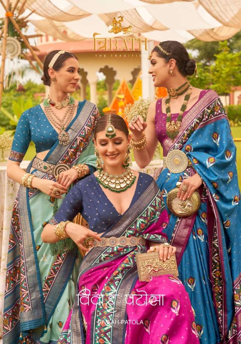 trirath vivaah patola latest collection unique patola design elegant gold print sarees