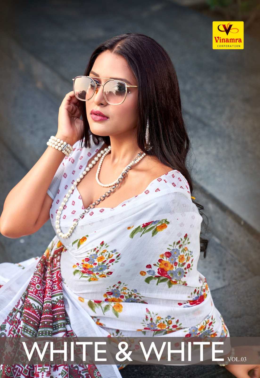 vinamra white & white vol 3 fancy special linen sarees