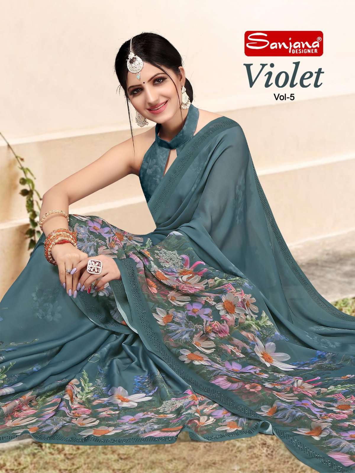 violet vol 5 by sanjana designer satin georgette swarovski fancy border sarees catalog