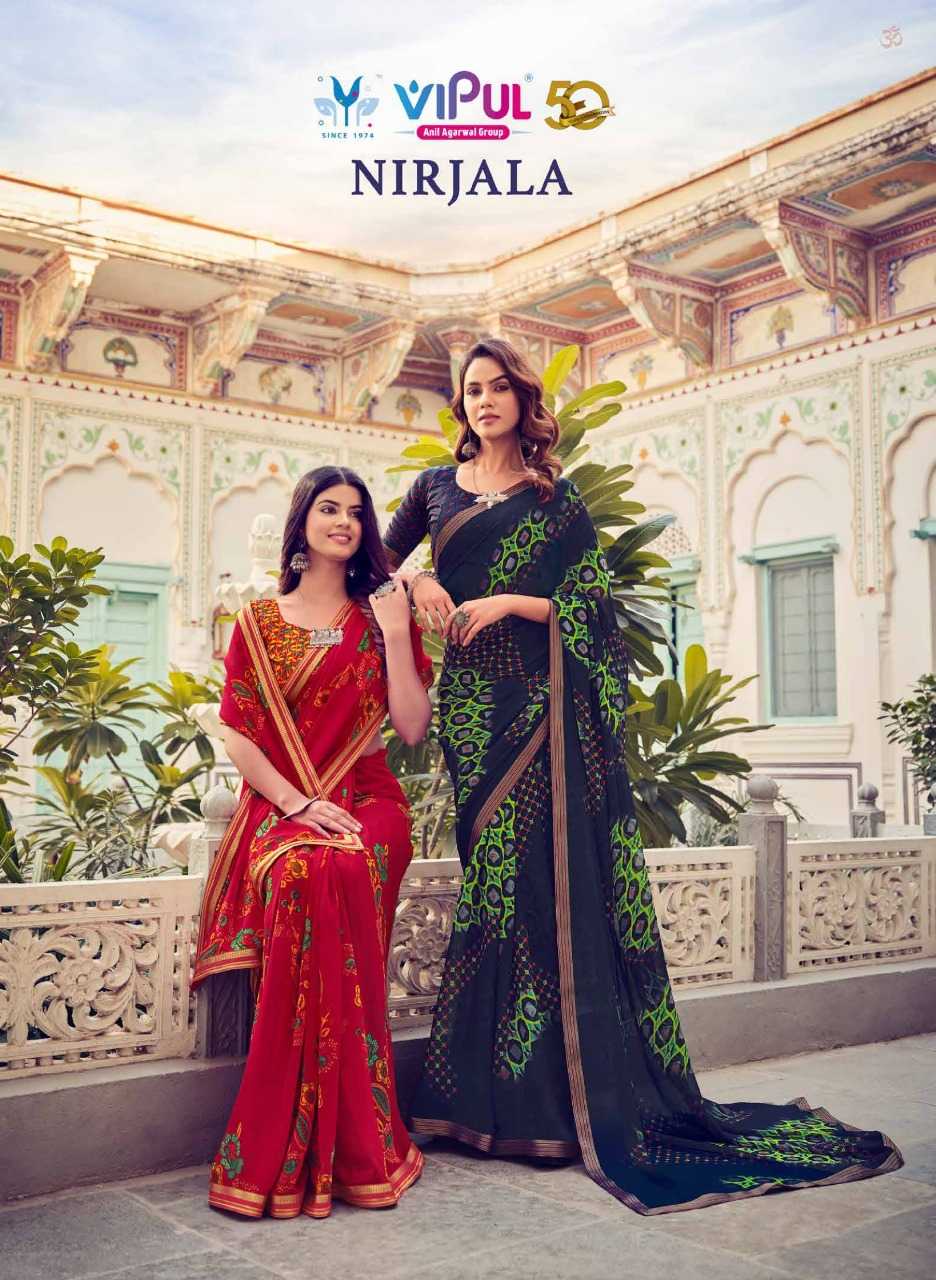 vipul fashion nirjala 75501-75512 georgette fancy comfy wear sarees trader