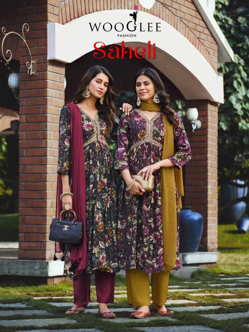 woogle launch saheli fancy handwork alia cut kurti with pant and nazneen dupatta catalog