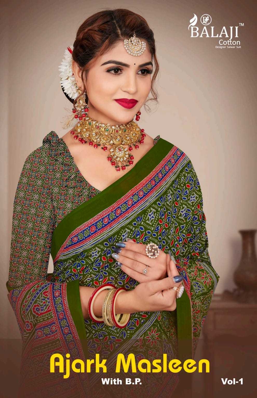 balaji cotton ajark masleen vol 1 printed beautiful sarees at reasonable rate
