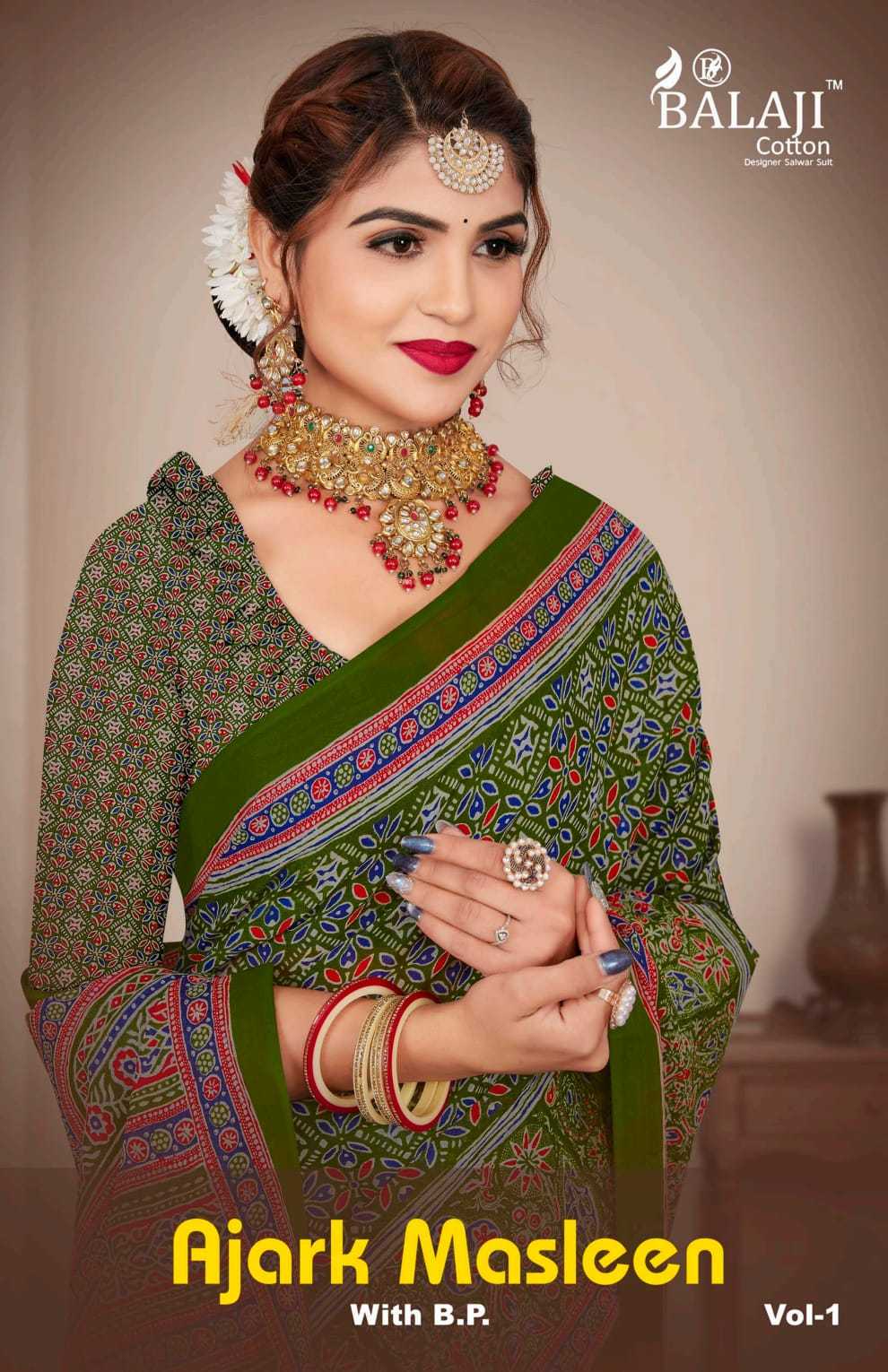 balaji cotton ajark masleen vol 1 printed beautiful sarees at reasonable rate