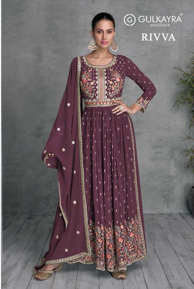 gulkayra rivva designer occasion wear readymade georgette long gown bottom dupatta set