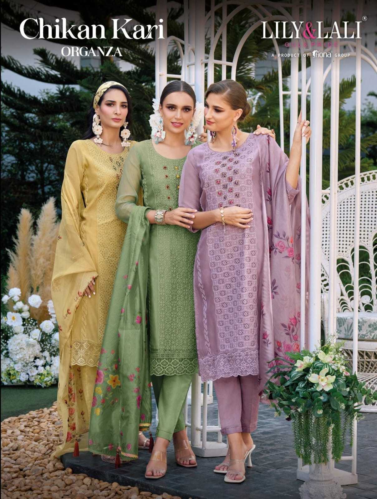 lily and lali chikan kari organza readymade designer occasion wear handwork kurti pant dupatta 