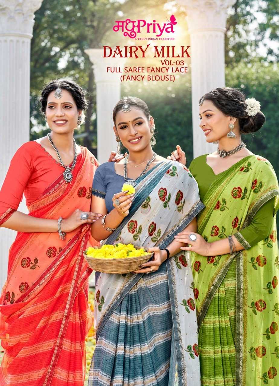 madhupriya dairy milk vol 3 amazing catalog regular wear chiffon sarees