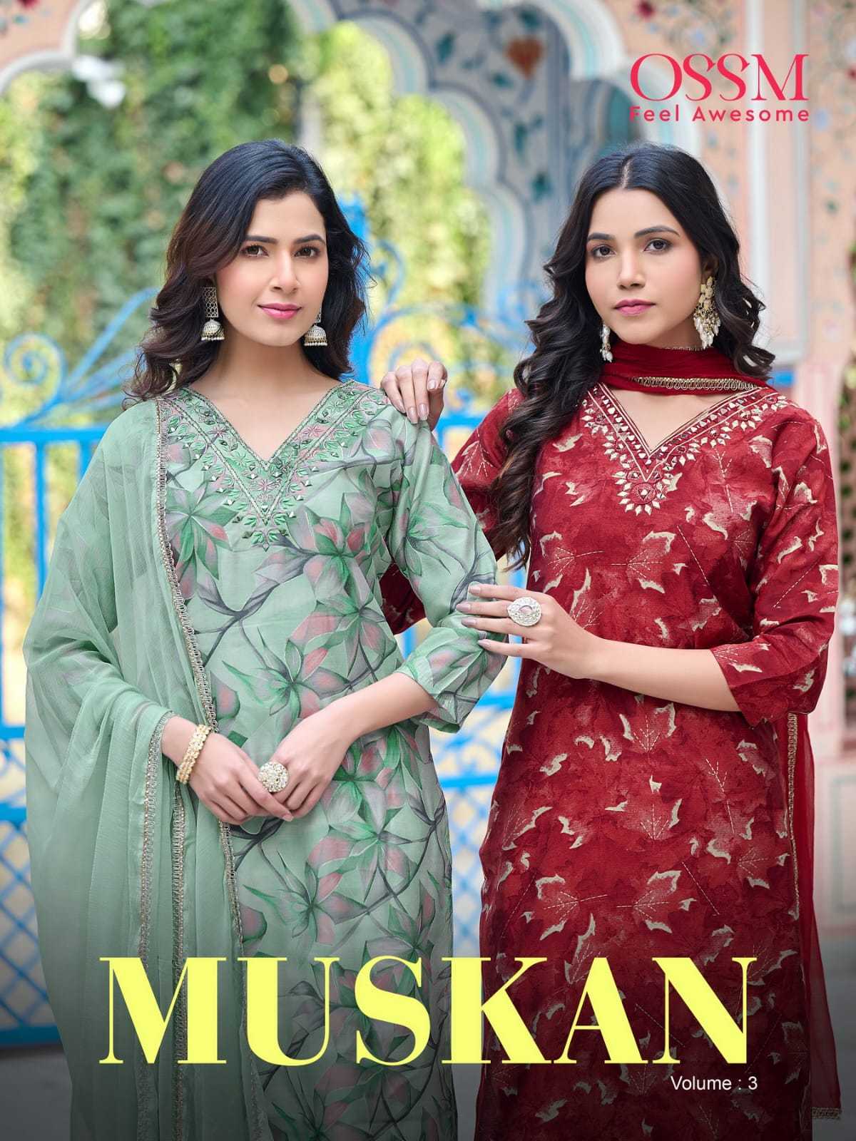 ossm muskan vol 3 readymade chanderi modal mirror work elegant v neck kurti pant dupatta