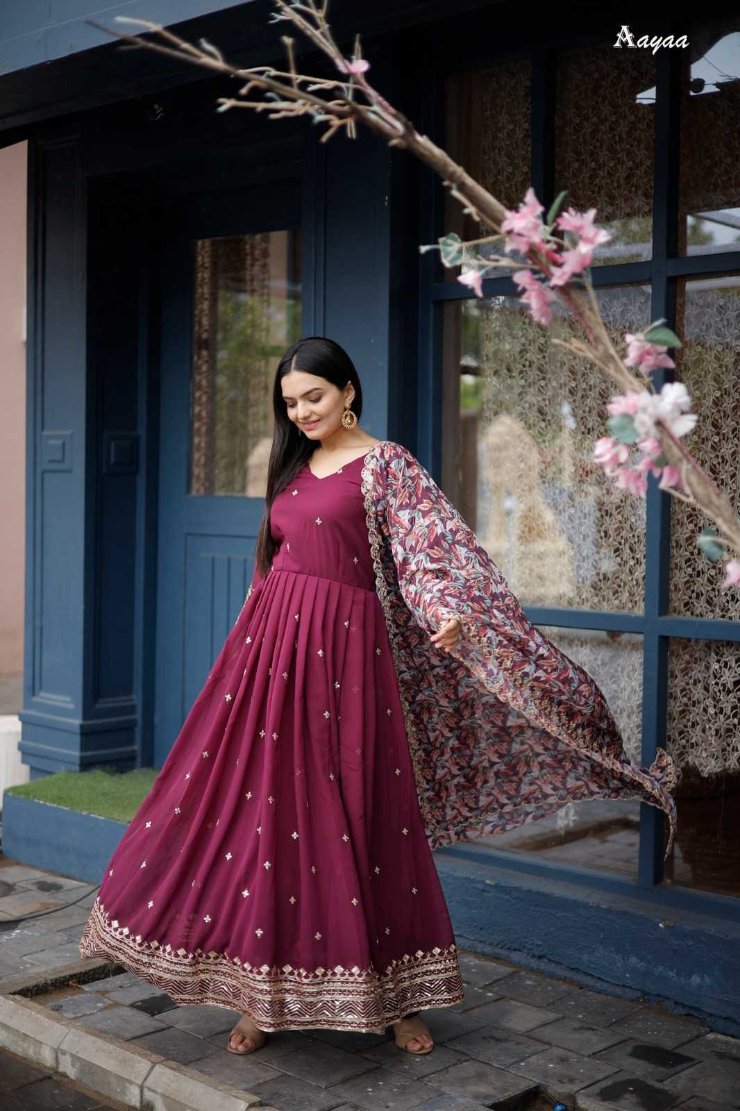 pr aayaa vol 14 readymade designer festive wear long flair gown with dupatta