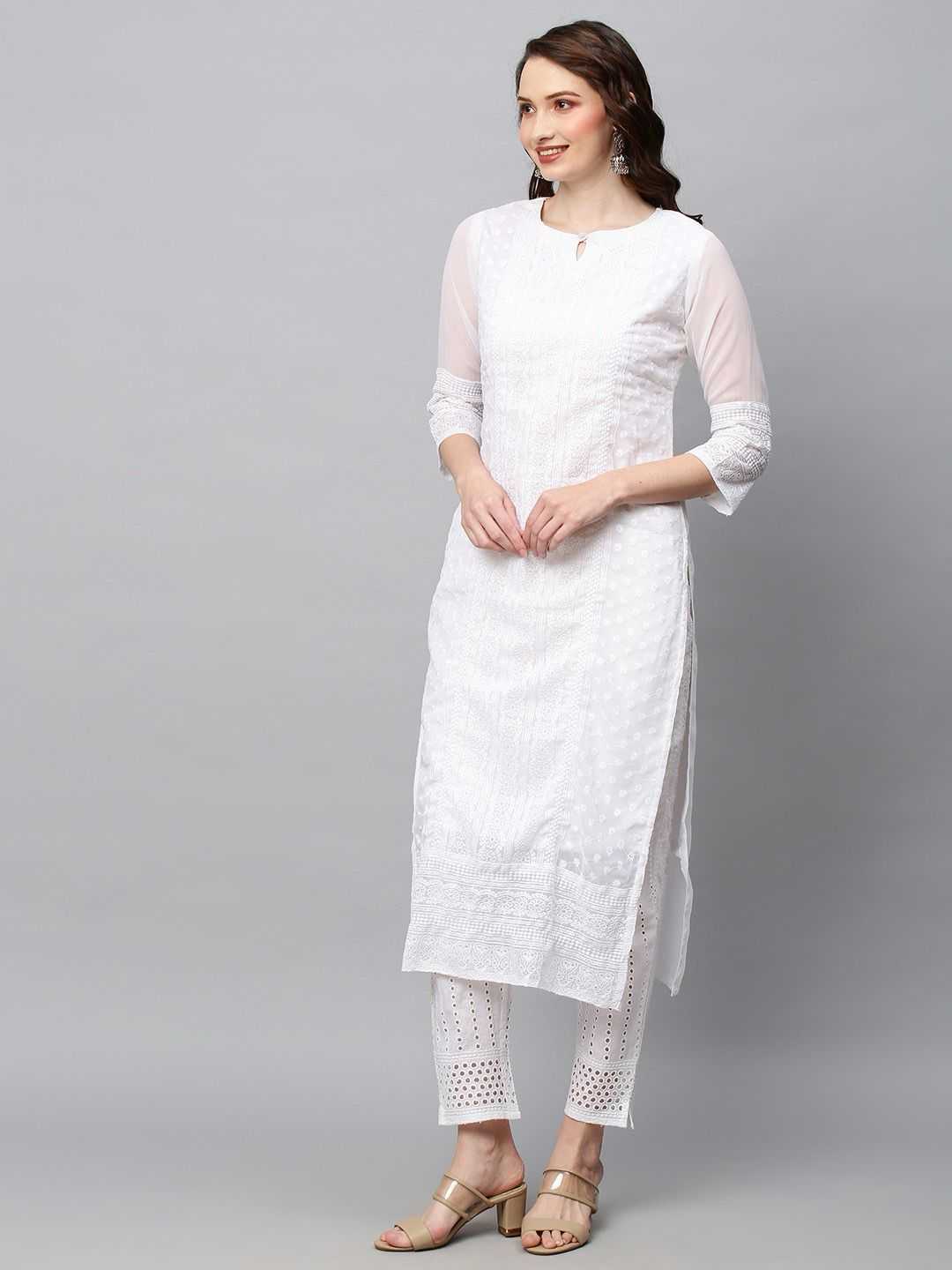 pr georgette chikan work white special stitched kurti in plus size