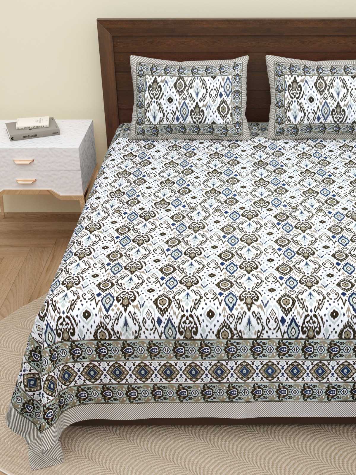 pr oliyandar jaipuri print cotton king size bedsheet with two pillow cover