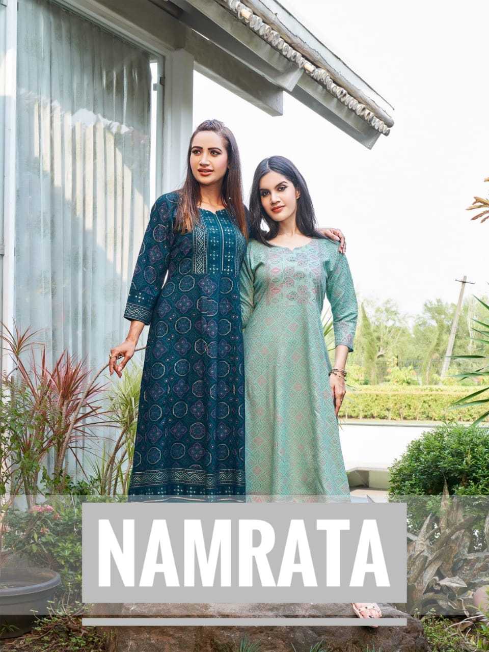 rangjyot namrata trending gold print a line kurti in plus sizes