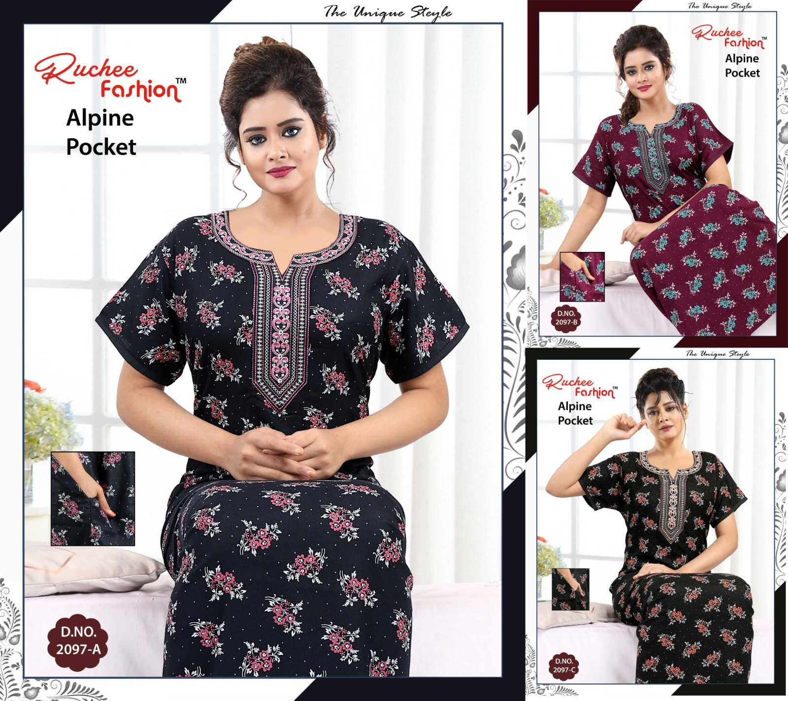 ruchee fashion alpine neck embroidery 2095-2100 fancy ladies night wear