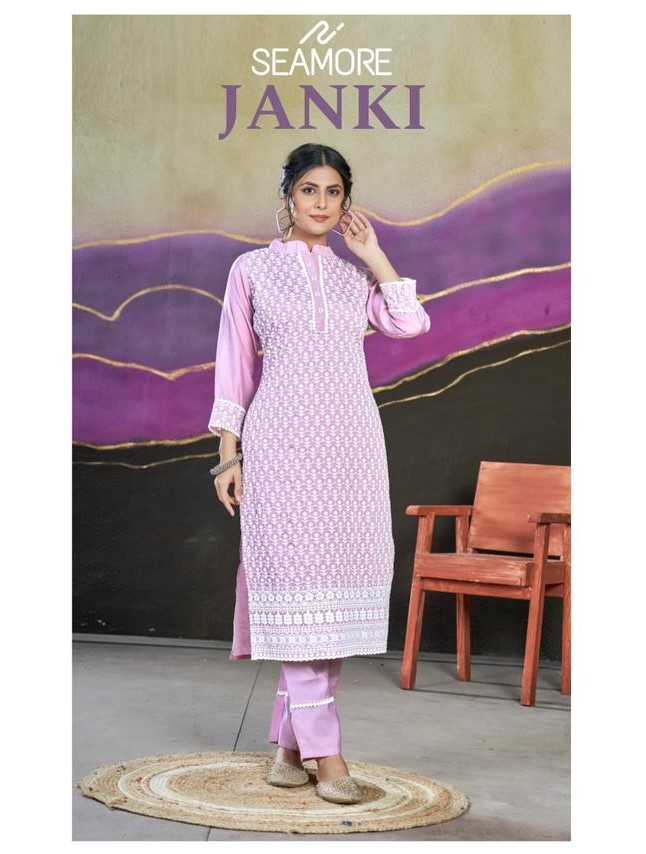 seamore janki fullstitch chanderi silk chiffli embroidery kurti pant