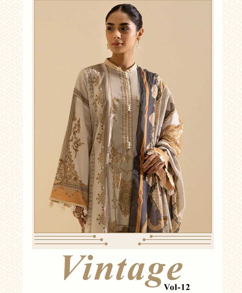 shraddha designer vintage vol 12 pakistani lawn cotton fancy unstitch ladies suit
