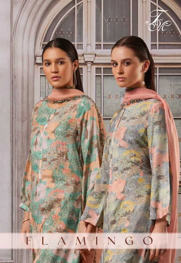 t&m designer flamingo 370 ab occasion wear handwork with print drees material