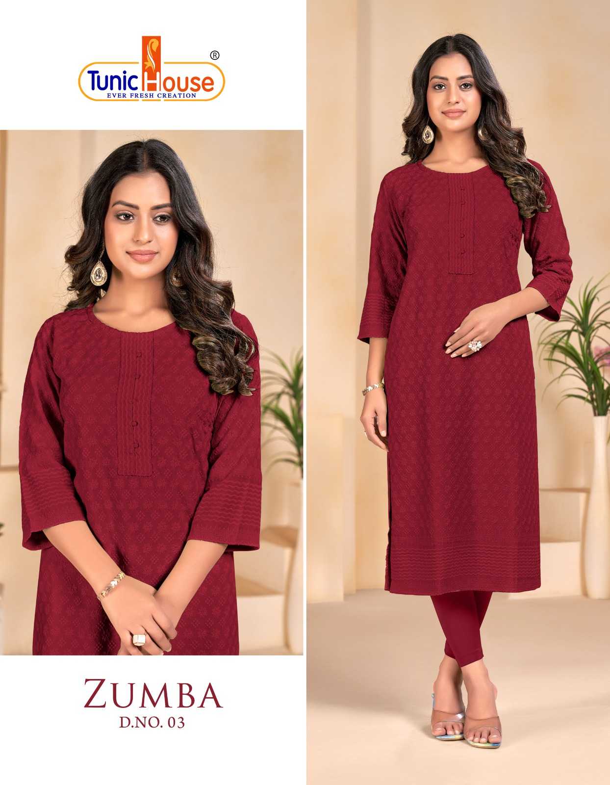 ZUMBA TUNIC HOUSE CHIKANKARI STRAIGHT KURTI SIZE COMBO SET