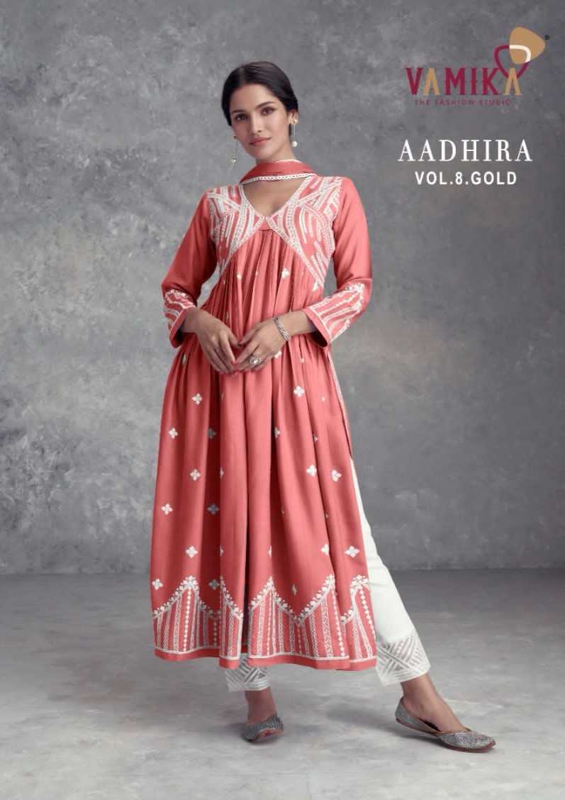 vamika aadhira vol 8 gold designer lakhnavi embroidery plazzo style salwar kameez readymade 