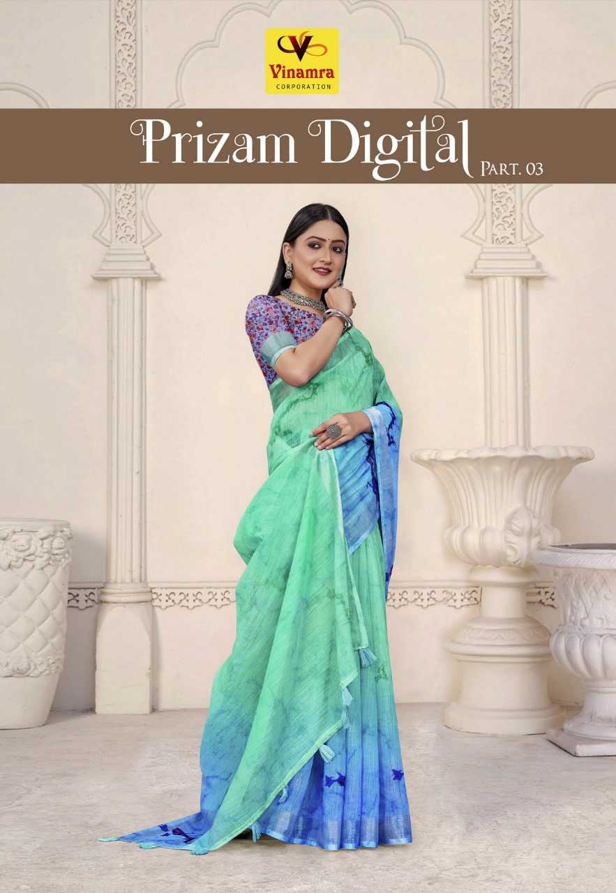 vinamra prizam digital vol 3 amazing casual wear sarees with printed blouse