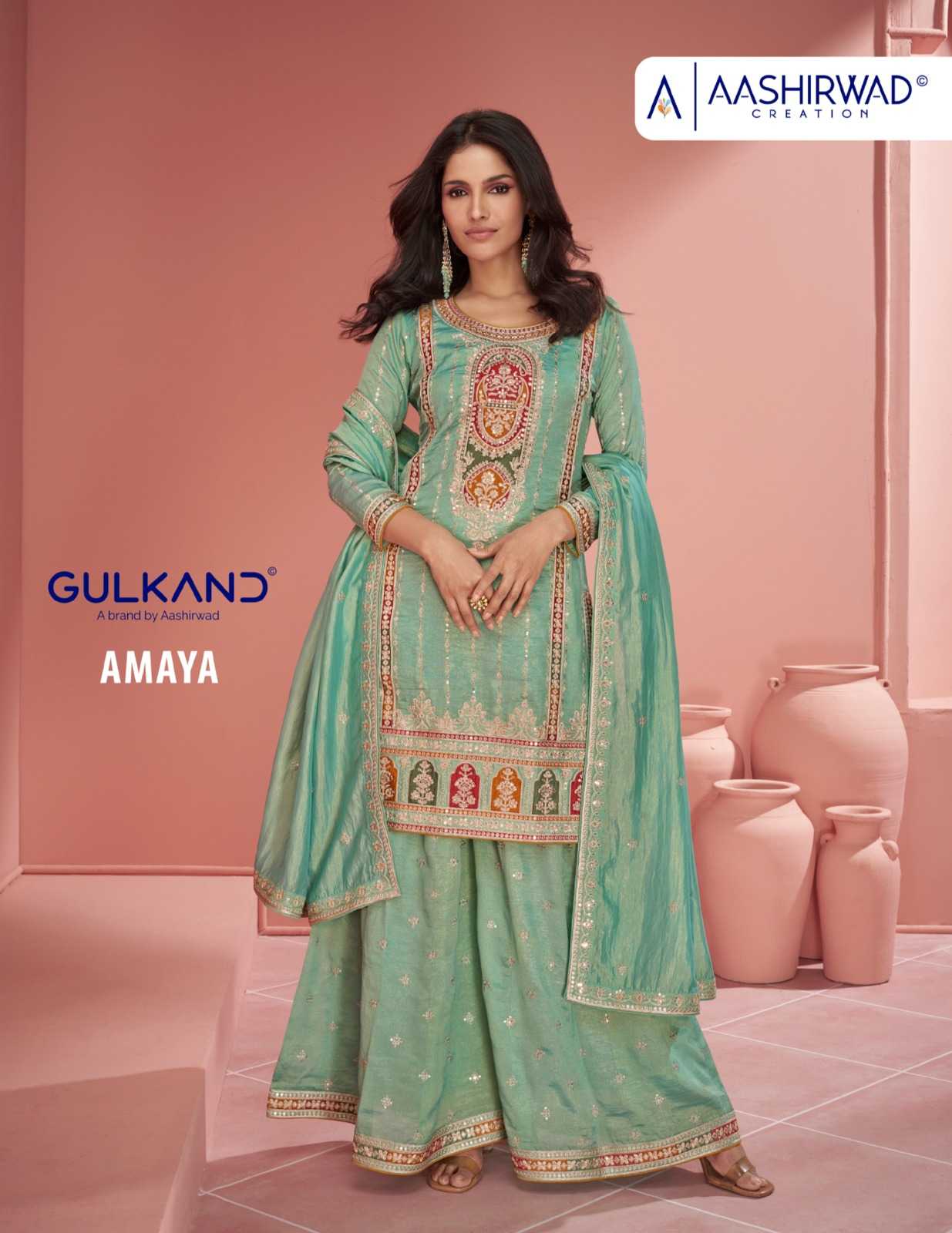aashirwad creation gulkand amaya 9894-9896 readymade festive wear kurti plazo dupatta