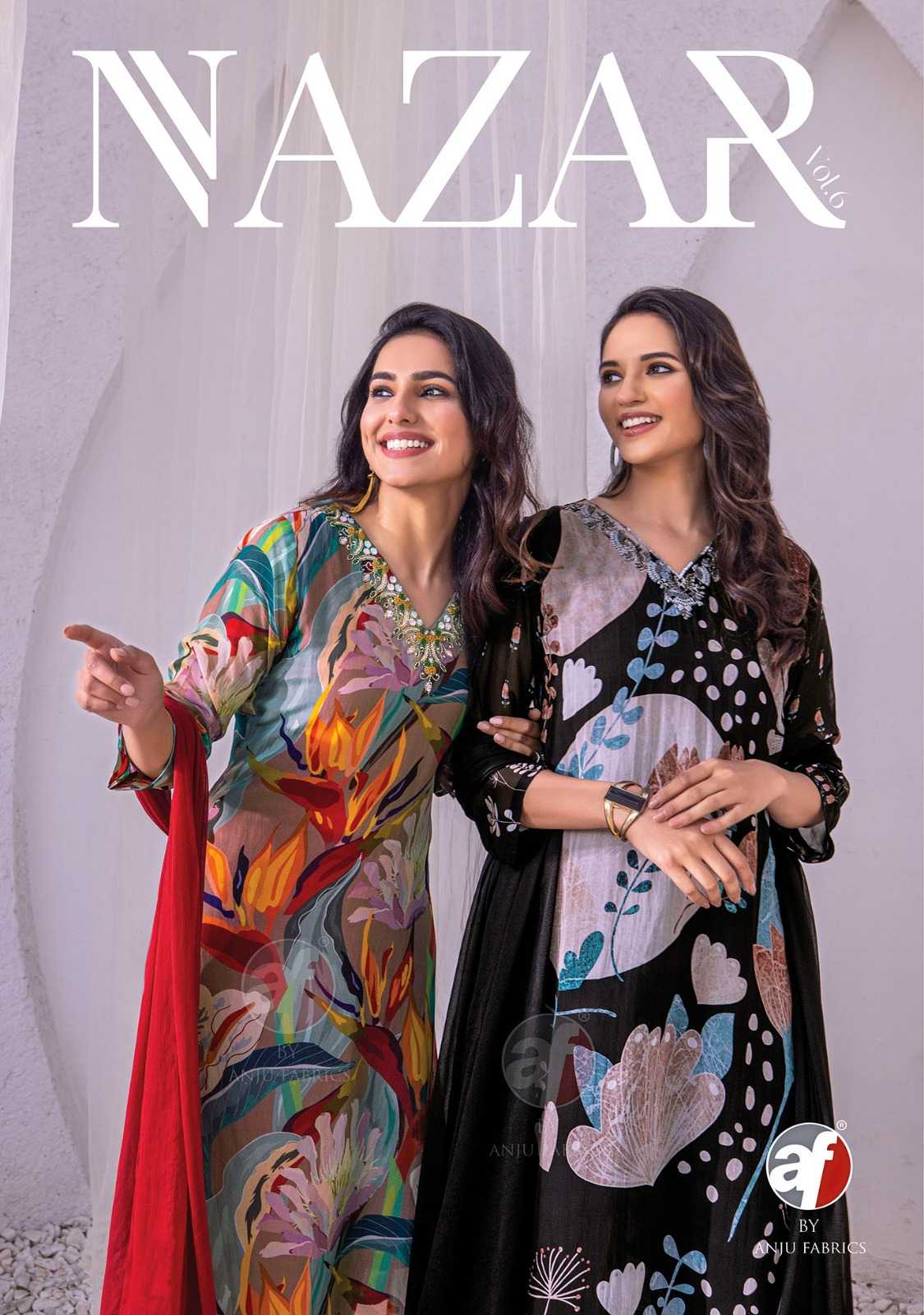 anju fab nazar vol 6 fullstitch designer classy look digital print kurti pant with naznin dupatta