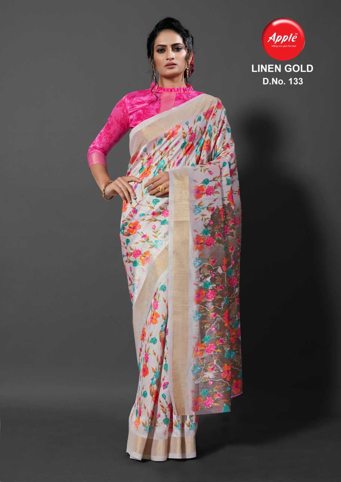 apple linen gold patta amazing four colour matching sarees collection