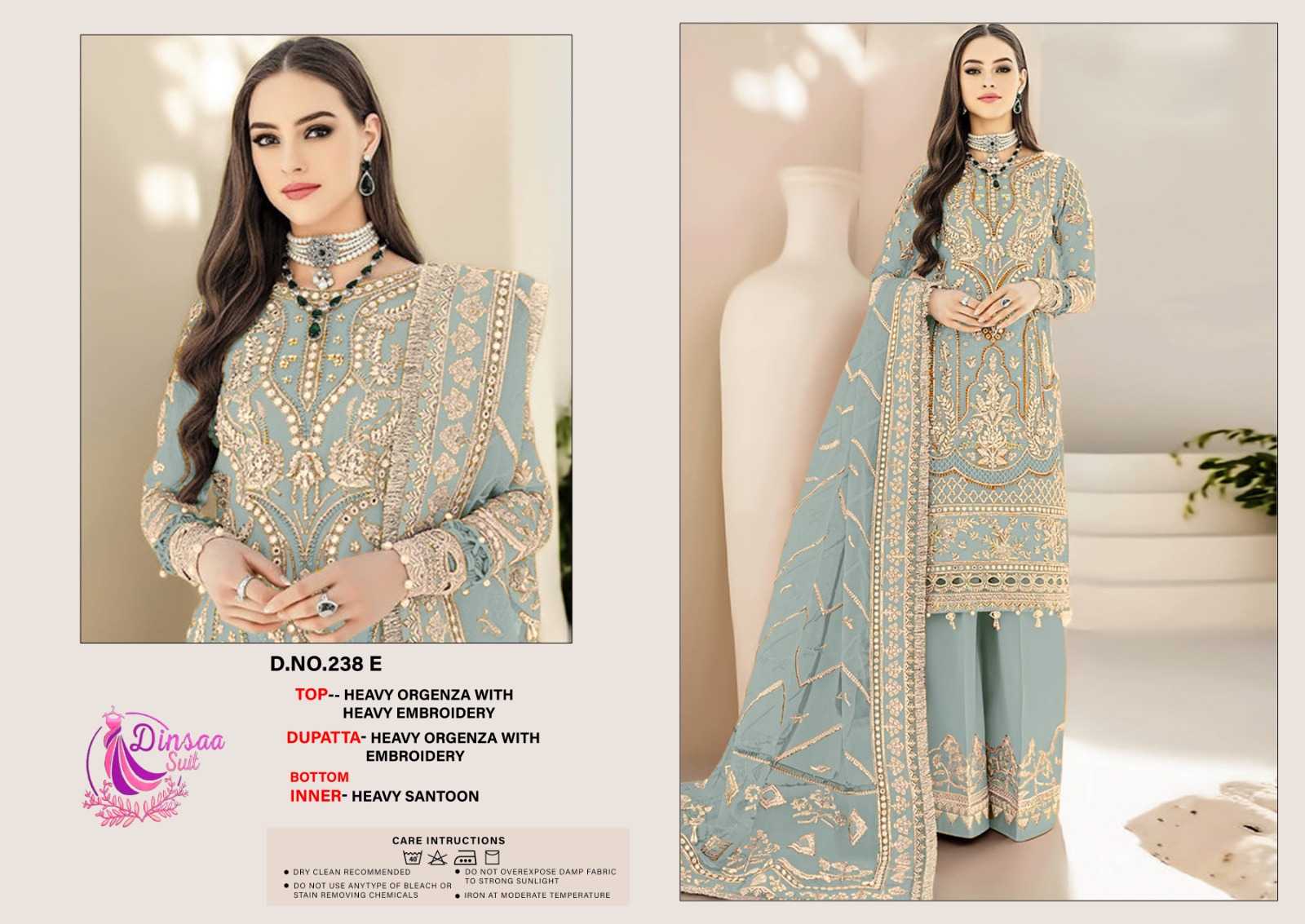 dinsaa 238 pakistani organza embroidery work dress material collection