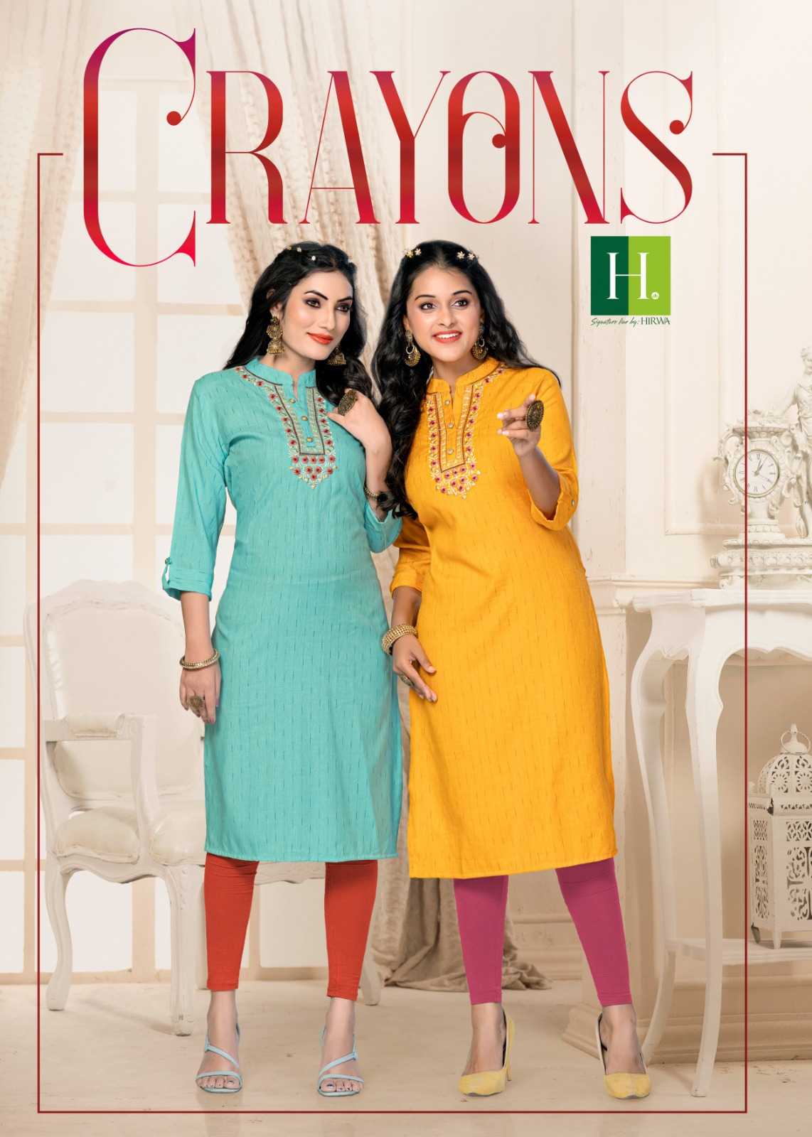 hirwa crayons 101-108 stitched fancy rayon straight kurti in plus size