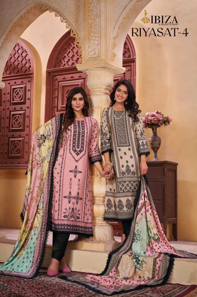 ibiza suit riyasat vol 4 pakistani muslin digital print with handwork unstitch suit