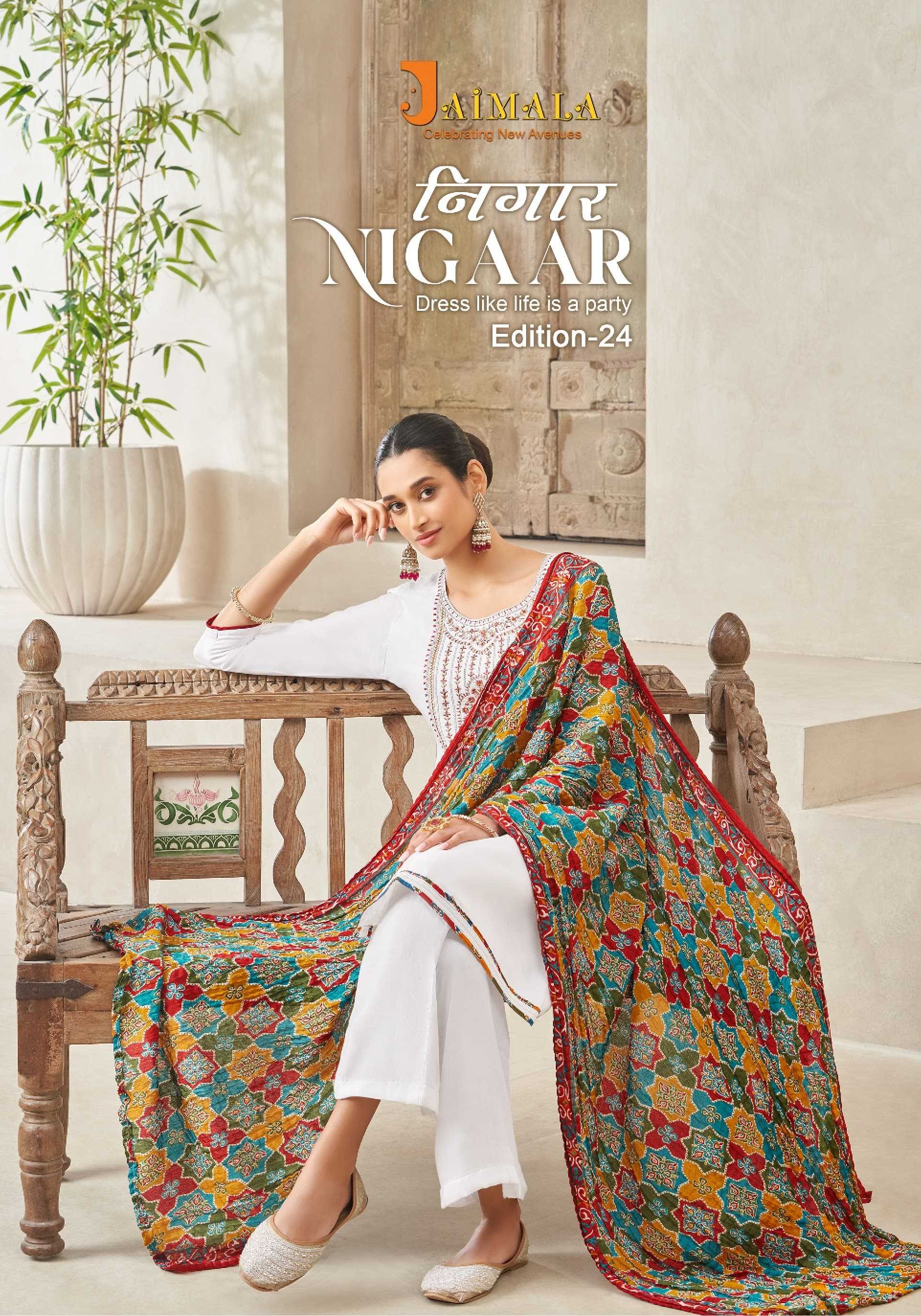 jaimala nigaar vol 24 fancy unstitch salwar kameez with bandhej dupatta