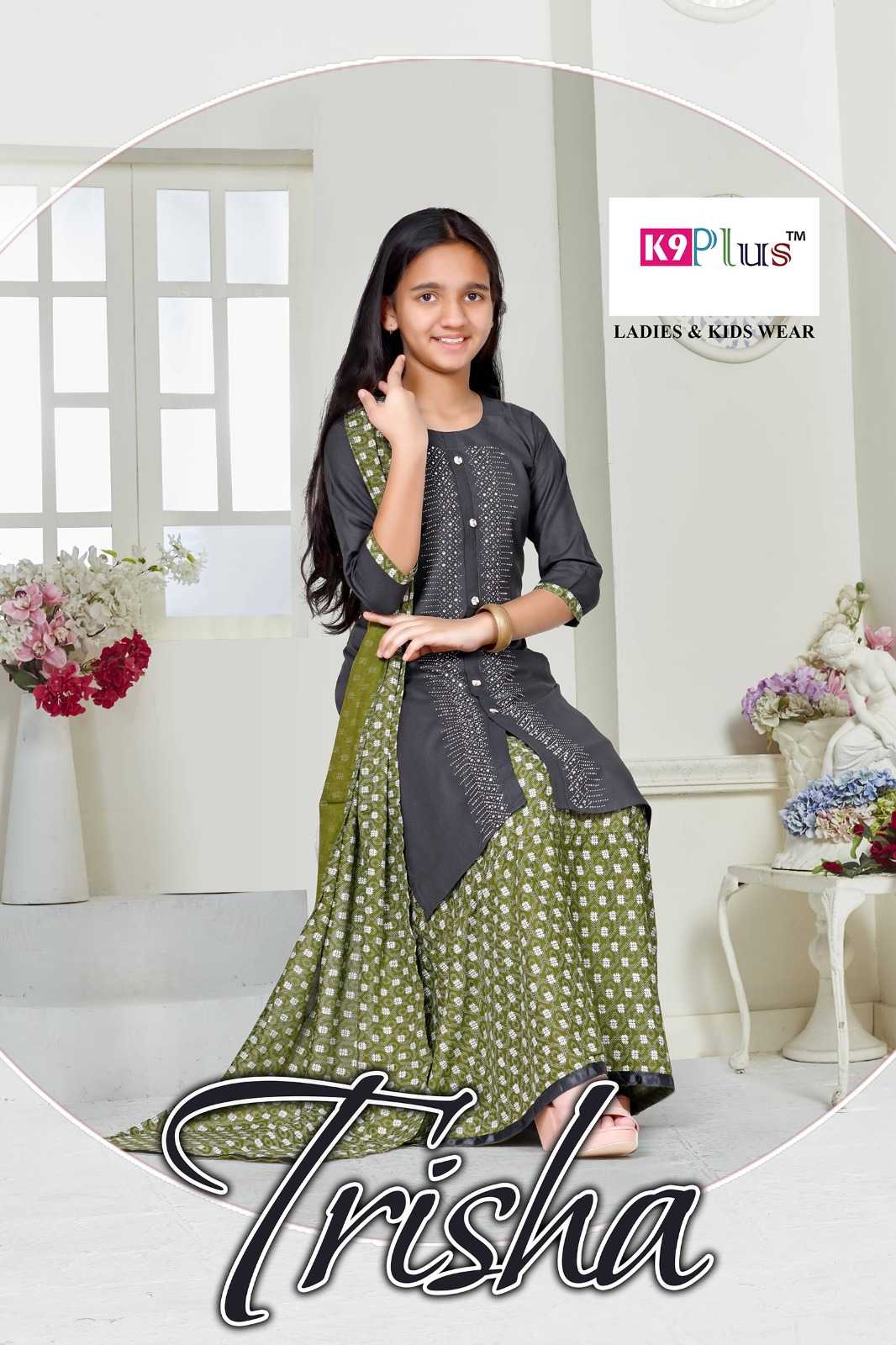 k9 plus trisha readymade fancy rayon skirt kurti dupatta kid wear