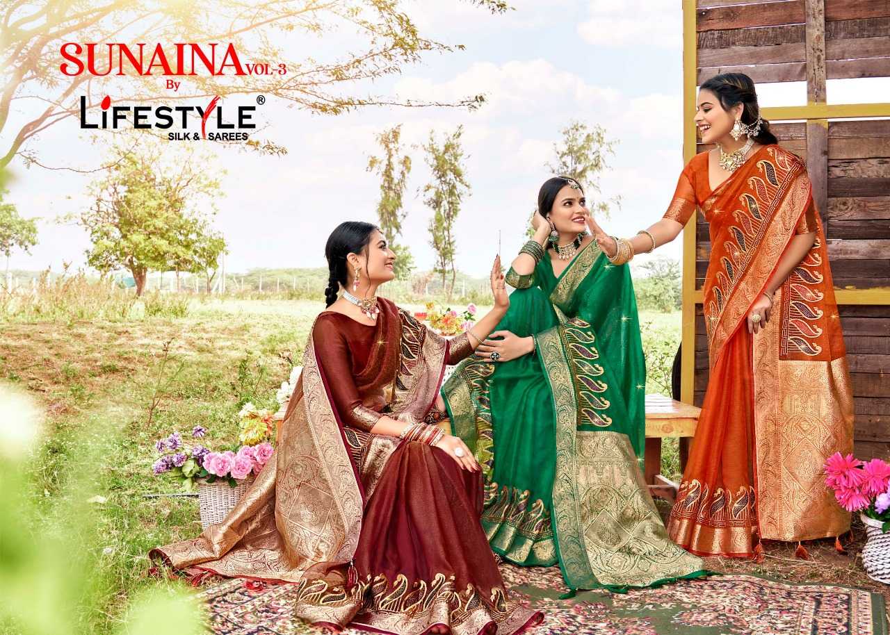 lifestyle sunaina vol 3 24191-24194 designer organza embroidery sarees collection