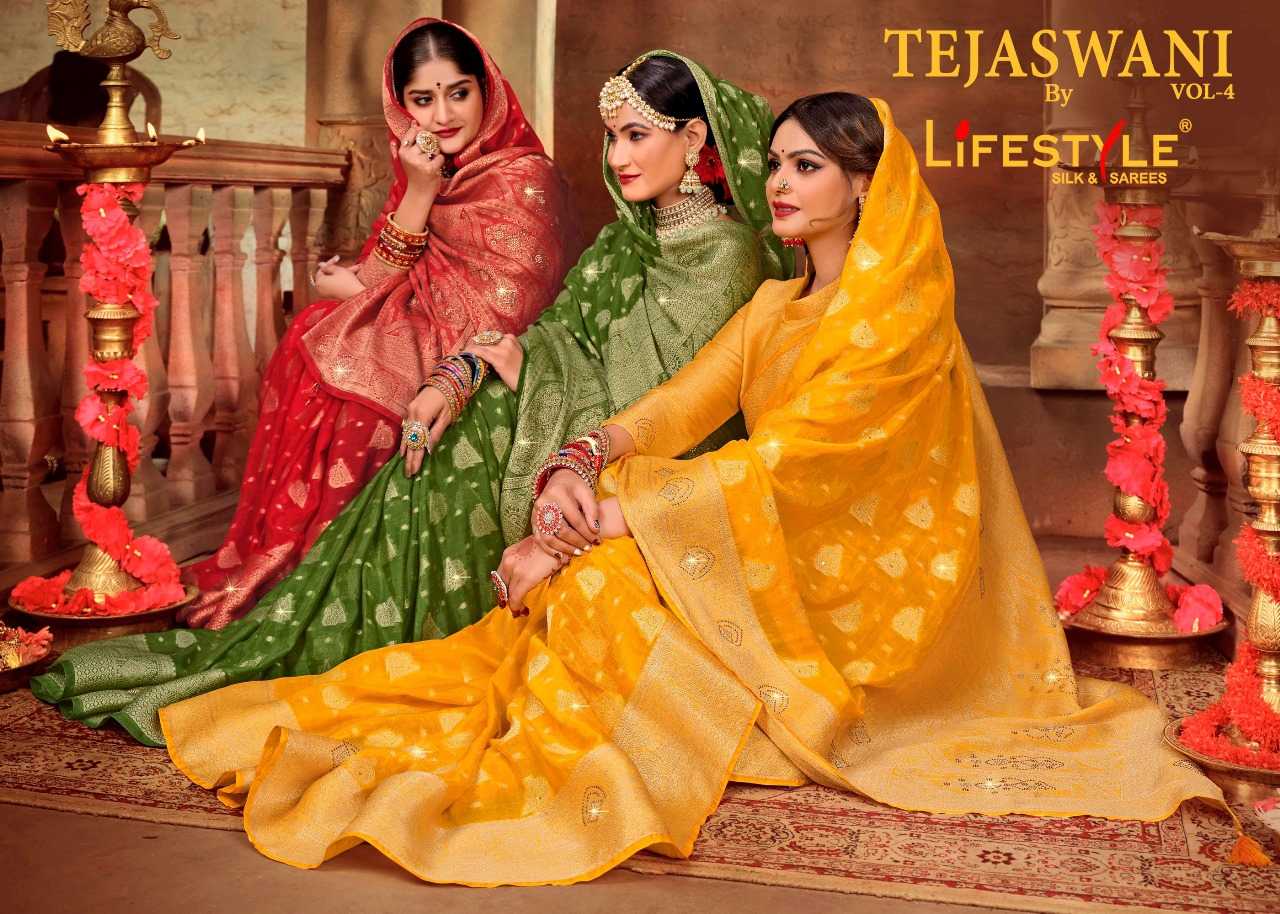 lifestyle tejaswani vol 4 25011-25014 beautiful nylon shimmer chiffon sarees