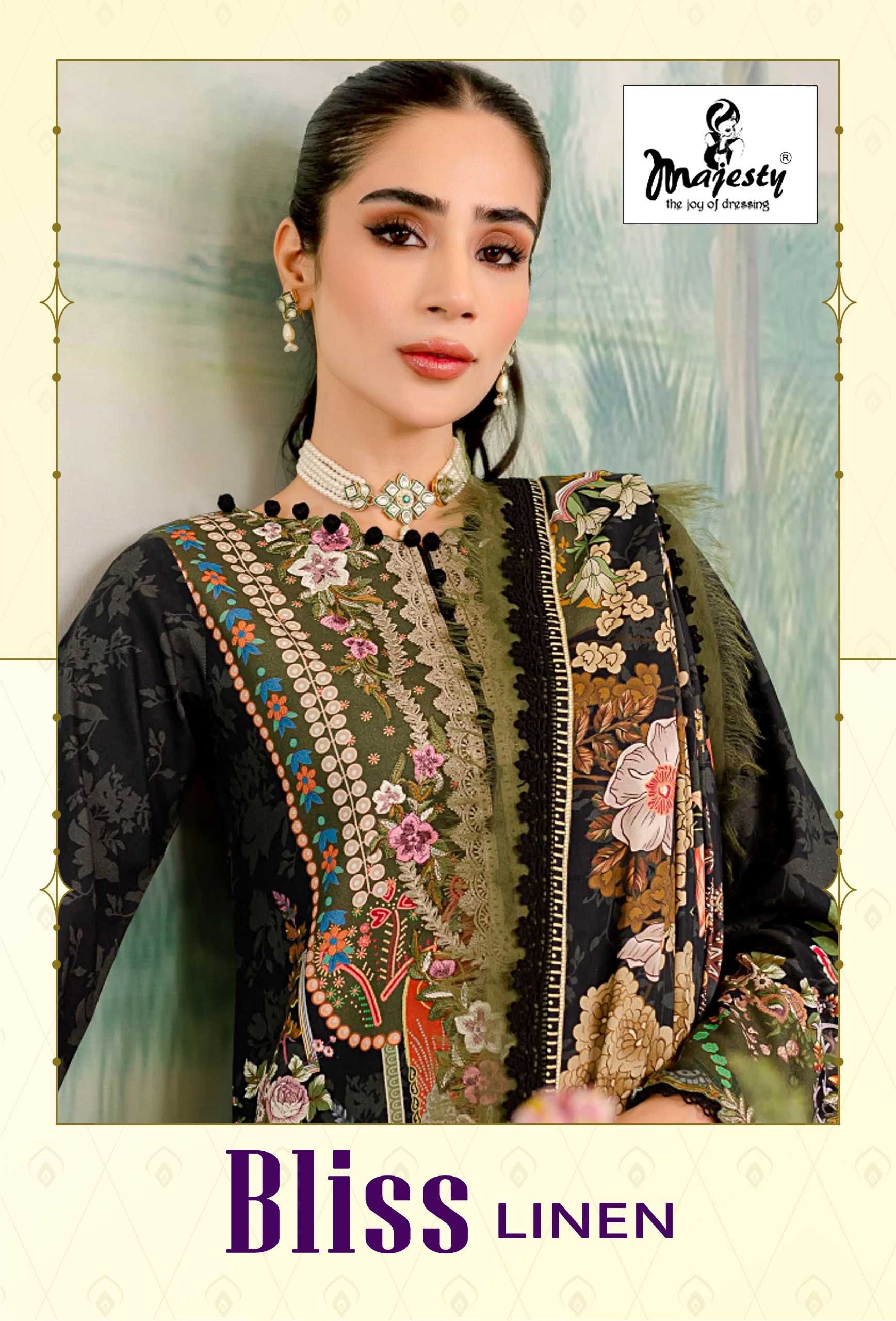 majesty bliss linen pakistani lawn collection print with patch embroidery unstitch suit