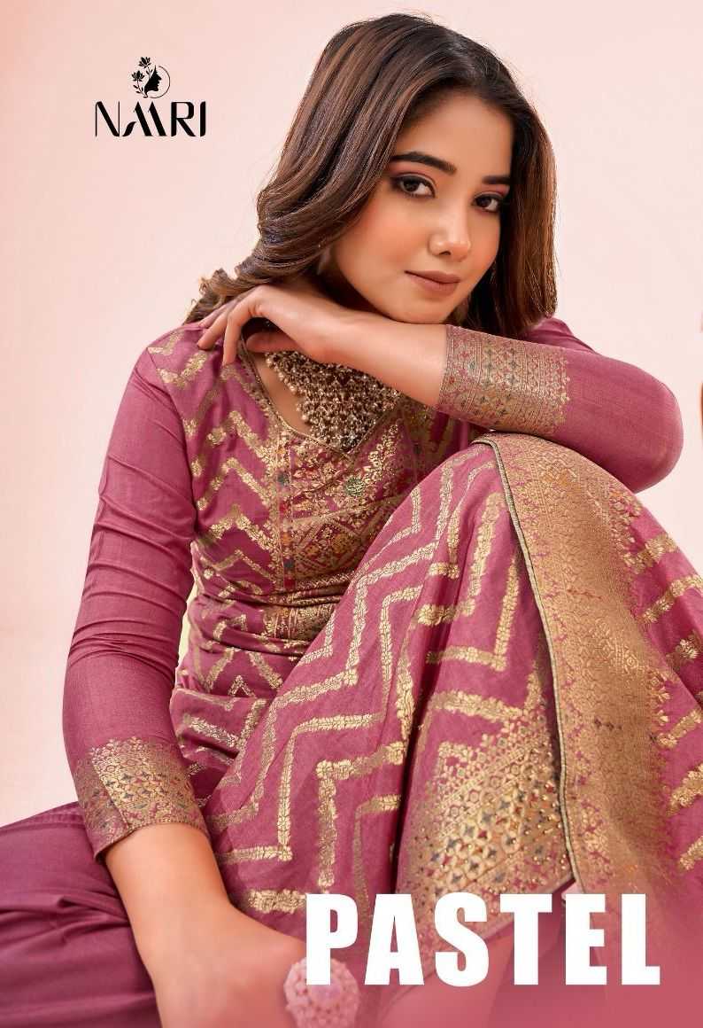 naari pastel fancy muslin dola meenakari jacquard with swarovski work unstitch suits